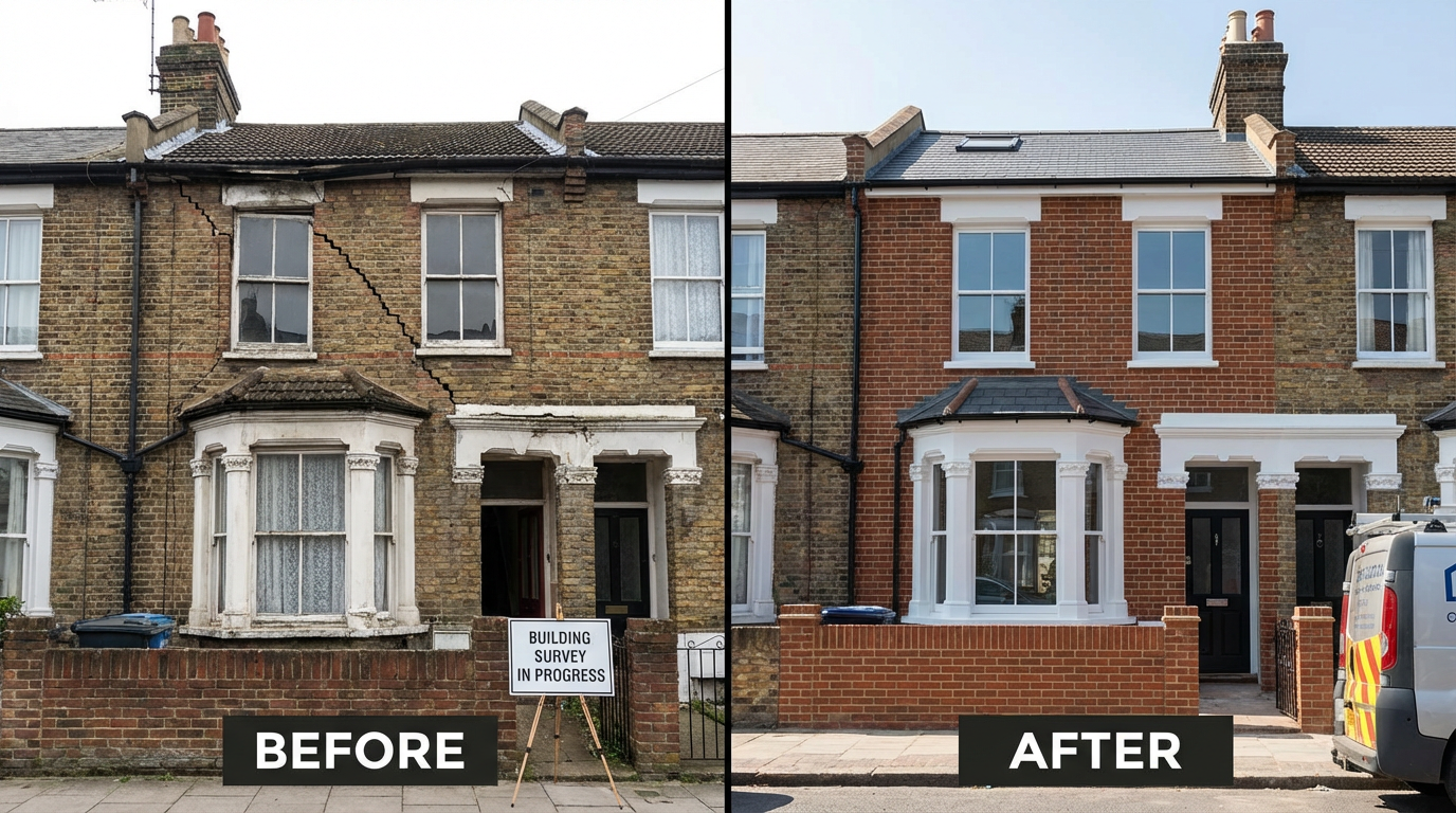 Before and after repair of structural cracks in a London Victorian terrace following a building survey