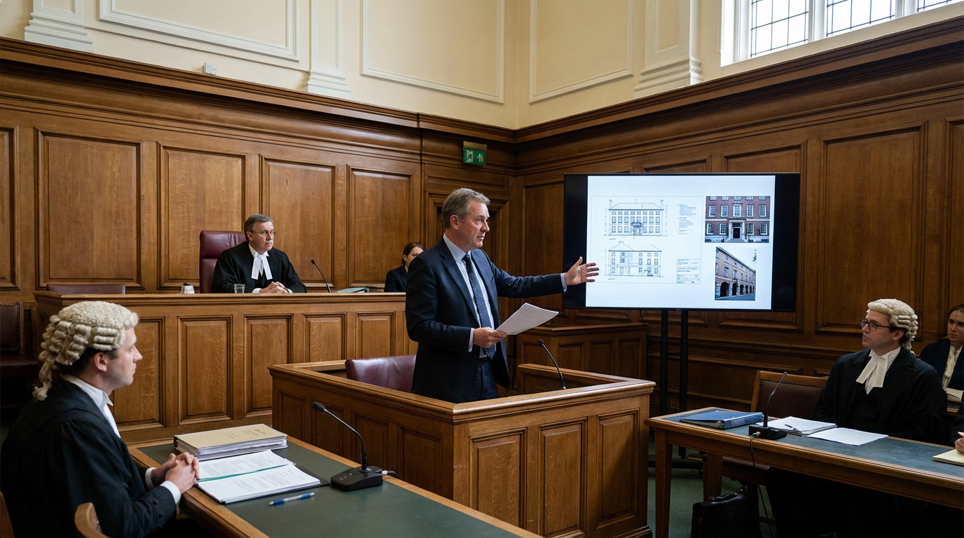 Building surveyor as expert witness presenting evidence in a UK courtroom