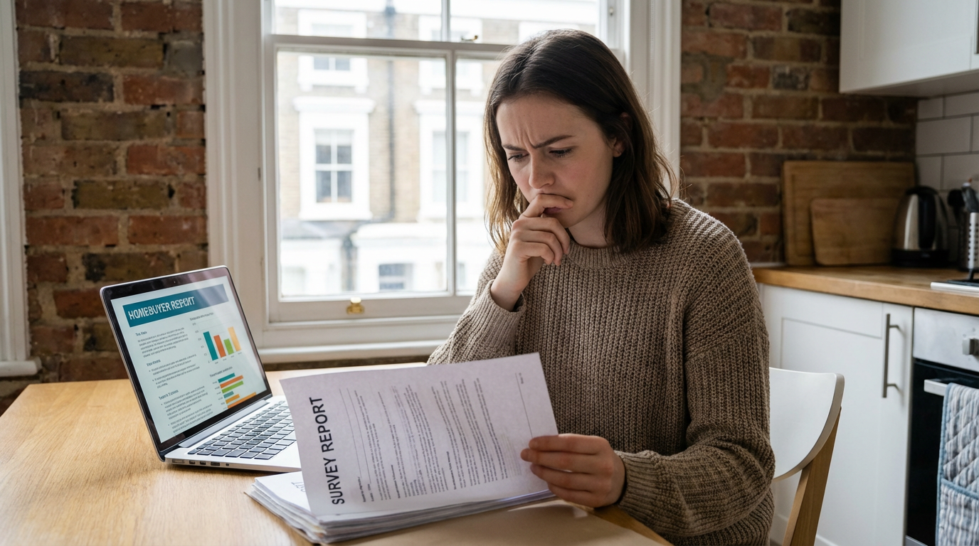 First-time buyer reviewing an RICS Homebuyer Report at a kitchen table