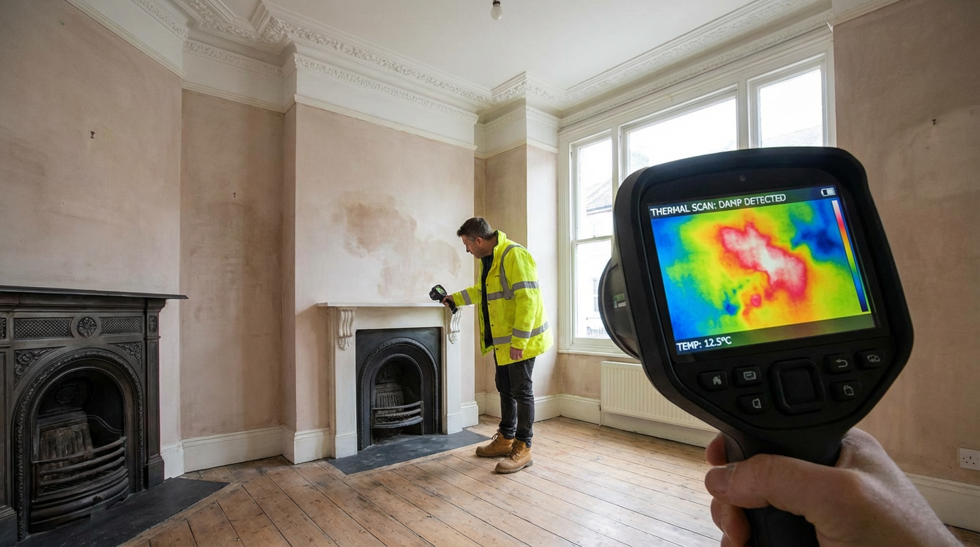 Thermal imaging camera detecting hidden damp in a London Victorian terraced house wall