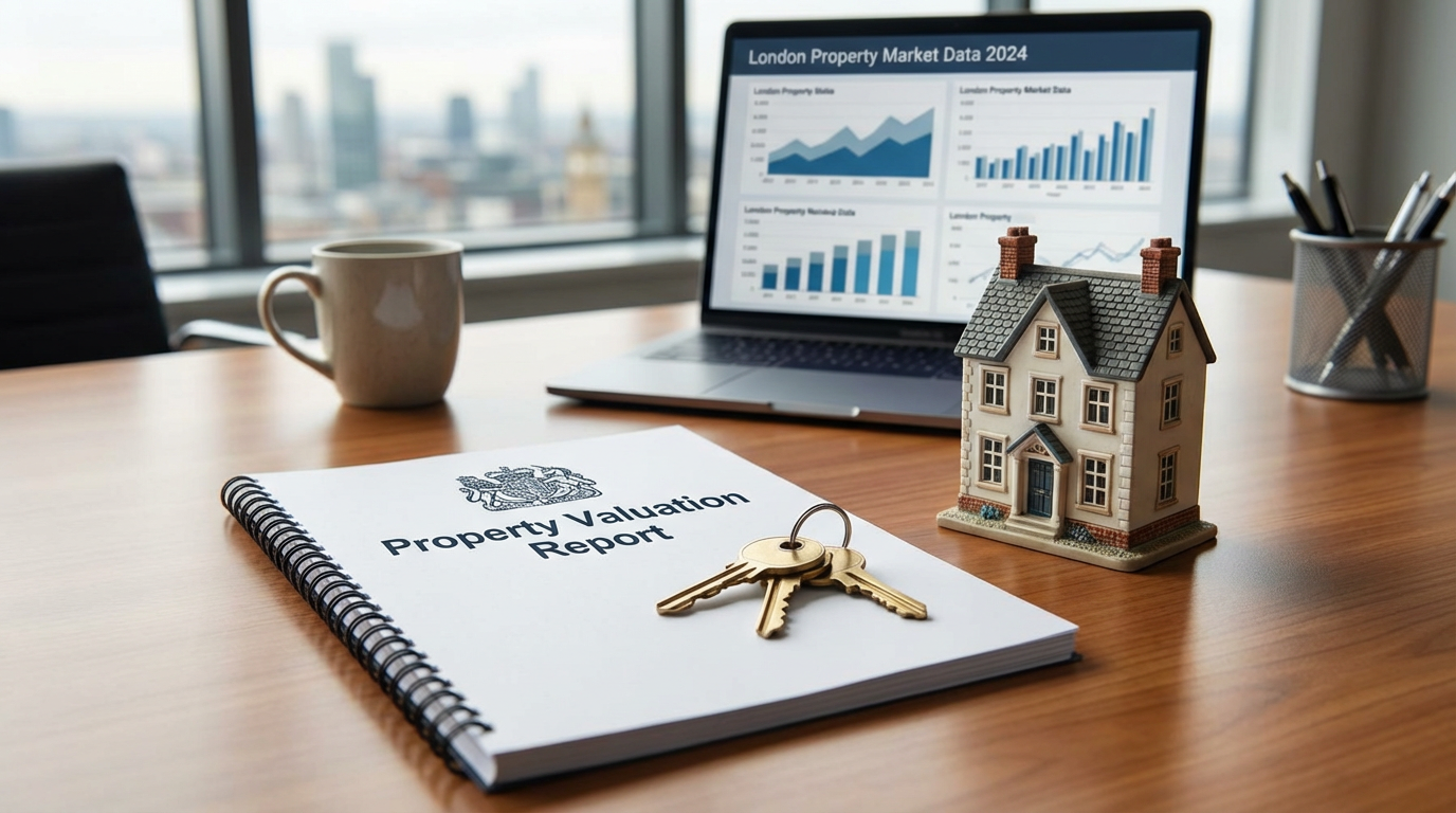 Property valuation report with house keys and data charts on an office desk
