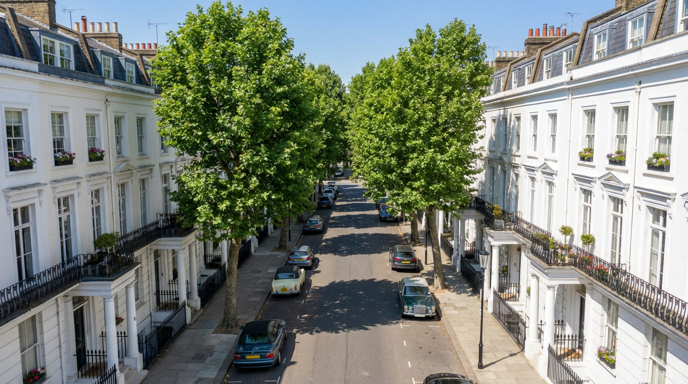 Aerial view of the Paddington neighbourhood in West London showing Victorian terraced houses