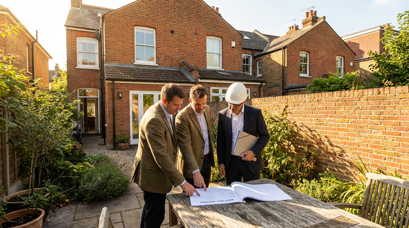 Surveyor discussing a party wall agreement with neighbouring property owners in London