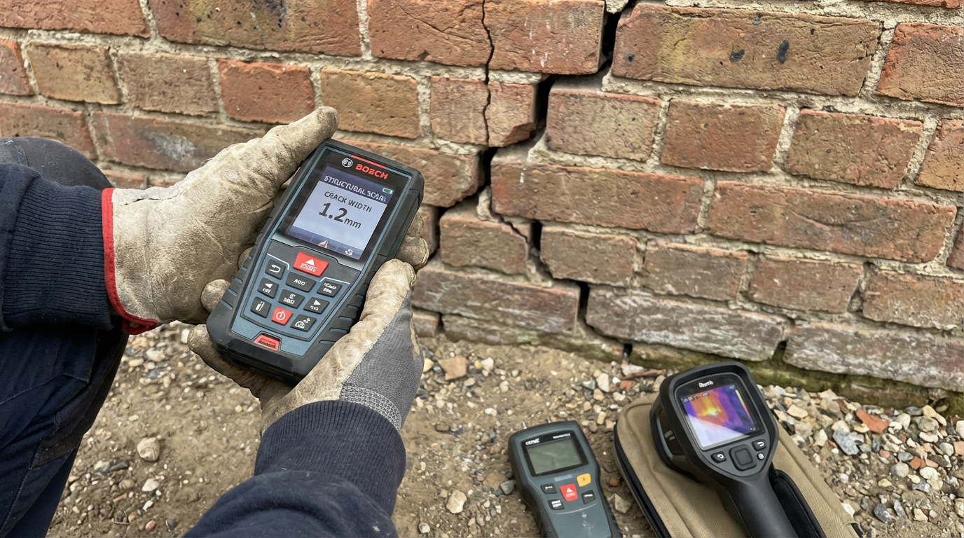 Close-up of surveying tools used for a structural survey including moisture meter and crack monitor