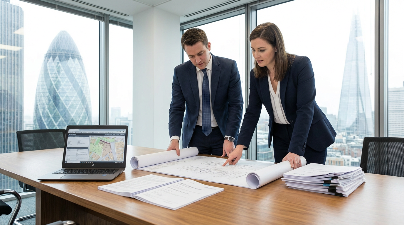 Two Paddington Surveyors surveyors reviewing a building survey report in a London office